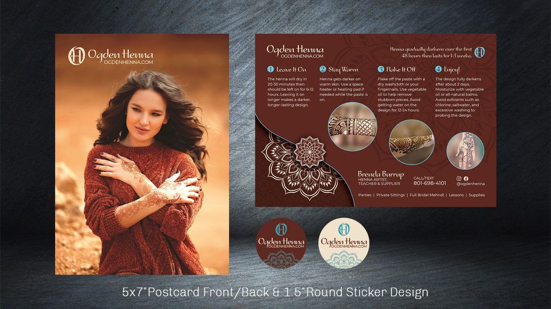 Marketing postcard and sticker design for Ogden Henna