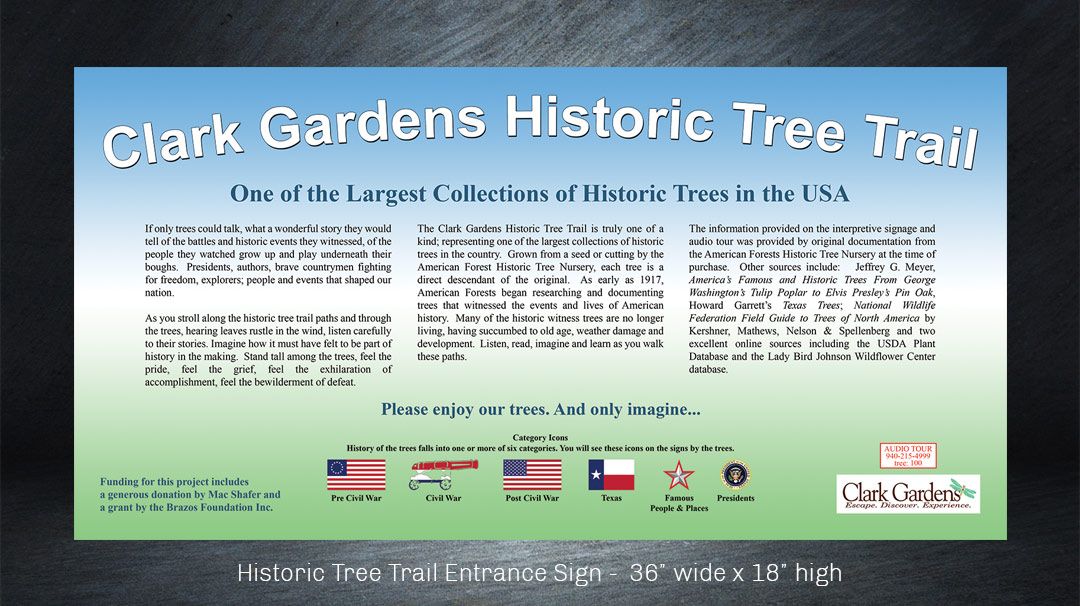 Outdoor historic tree trail sign design for Clark Gardens