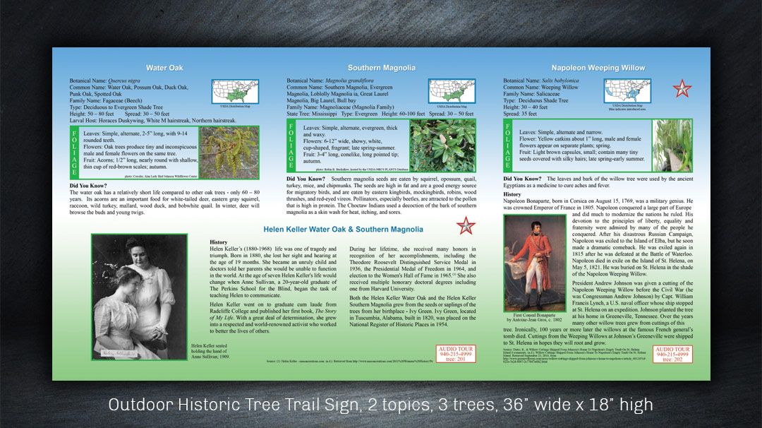 Outdoor historic tree trail sign design for Clark Gardens