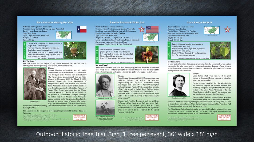 Outdoor historic tree trail sign design for Clark Gardens