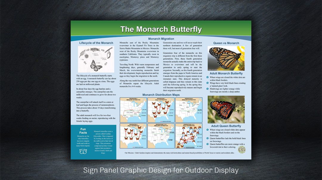 Graphic design of Monarch Butterfly sign for Pollinator Island