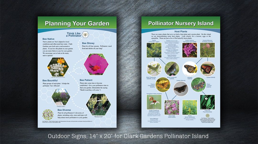 Graphic design of the two smaller Pollinator Island signs.